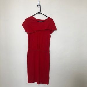 Red Dress With Leather Waist Belt & Knit Design